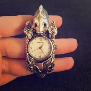 Silver Bracelet Watch with Goldfish Design